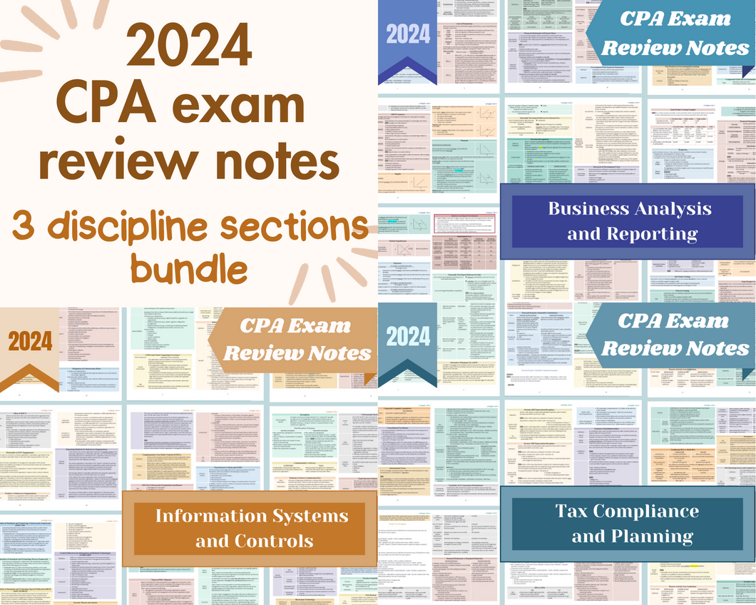 2024 | CPA Exam Review Notes - 3 Discipline Sections Bundle | Digital Download | 100 Pages | 2024 Edition