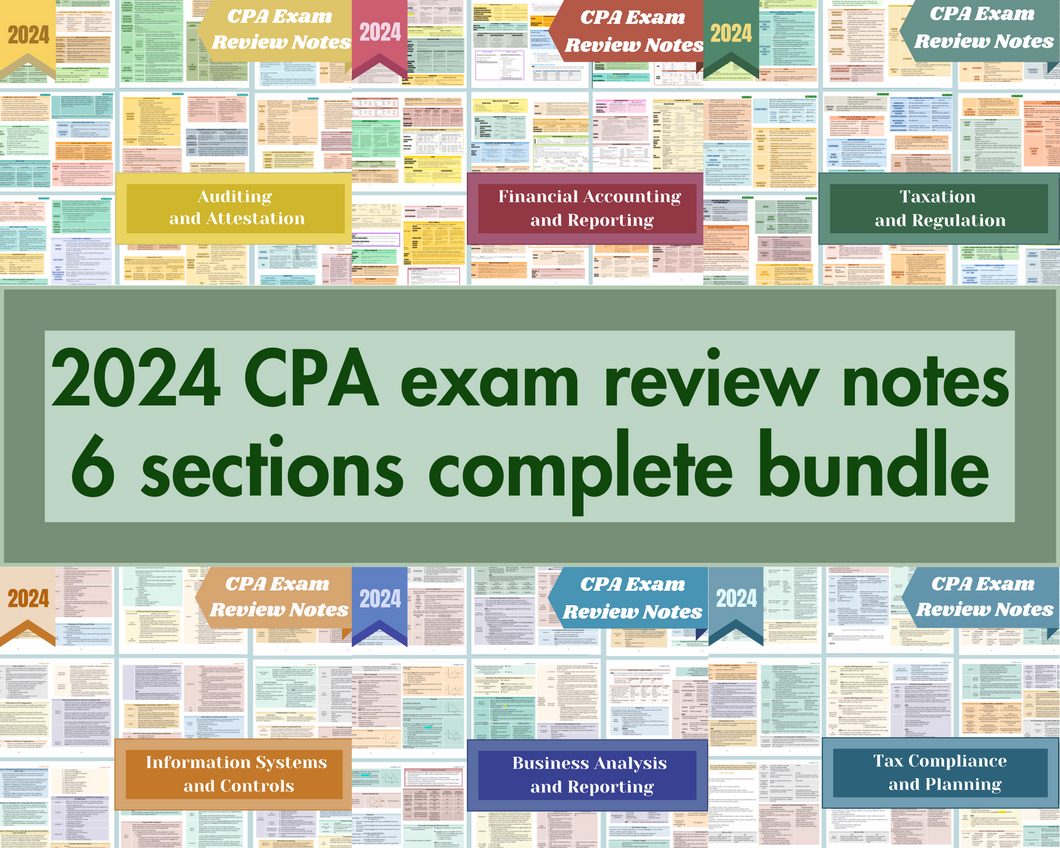 2024 | CPA Exam Review Notes - 6 Sections Complete Bundle | Digital Download | 213 Pages | 2024 Edition