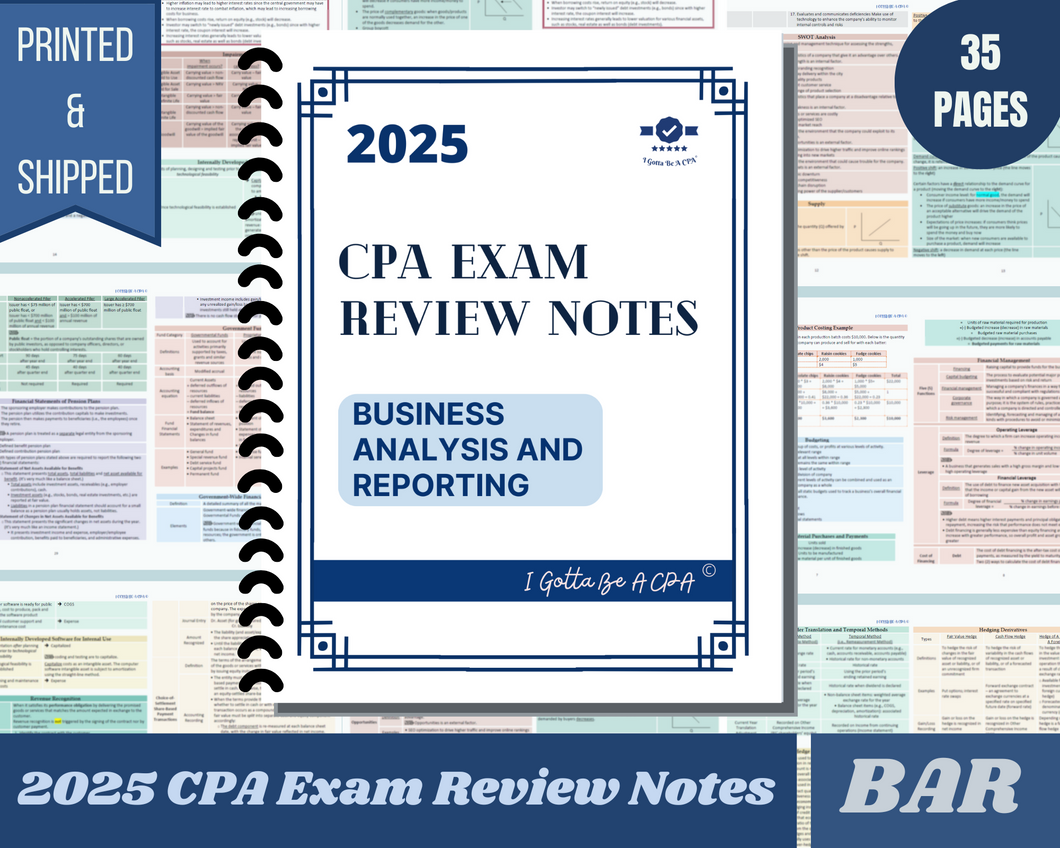 2025 | CPA Exam Review Notes - BAR | Printed & Shipped | 36 Pages | Business Analysis and Reporting | 2025 Edition