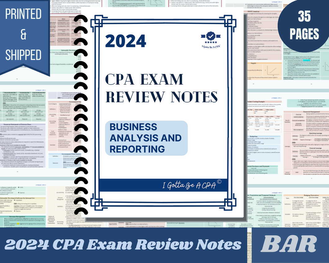 2024 | CPA Exam Review Notes - BAR | Printed & Shipped | 35 Pages | Business Analysis and Reporting | 2024 Edition