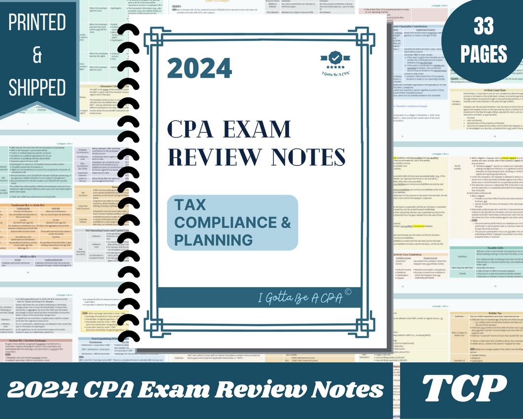 2024 | CPA Exam Review Notes - TCP | Printed & Shipped | 33 Pages | Tax Compliance and Planning | 2024 Edition