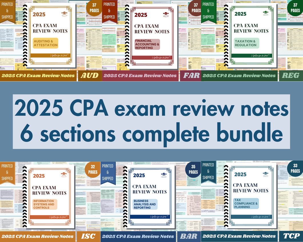 2025 | CPA Exam Review Notes - 6 Sections Complete Bundle | Printed & Shipped | 216 Pages | 2025 Edition