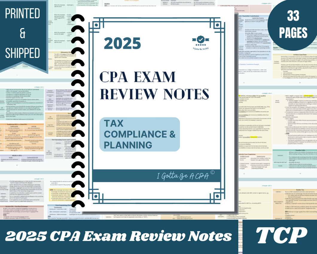 2025 | CPA Exam Review Notes - TCP | Printed & Shipped | 33 Pages | Tax Compliance and Planning | 2025 Edition